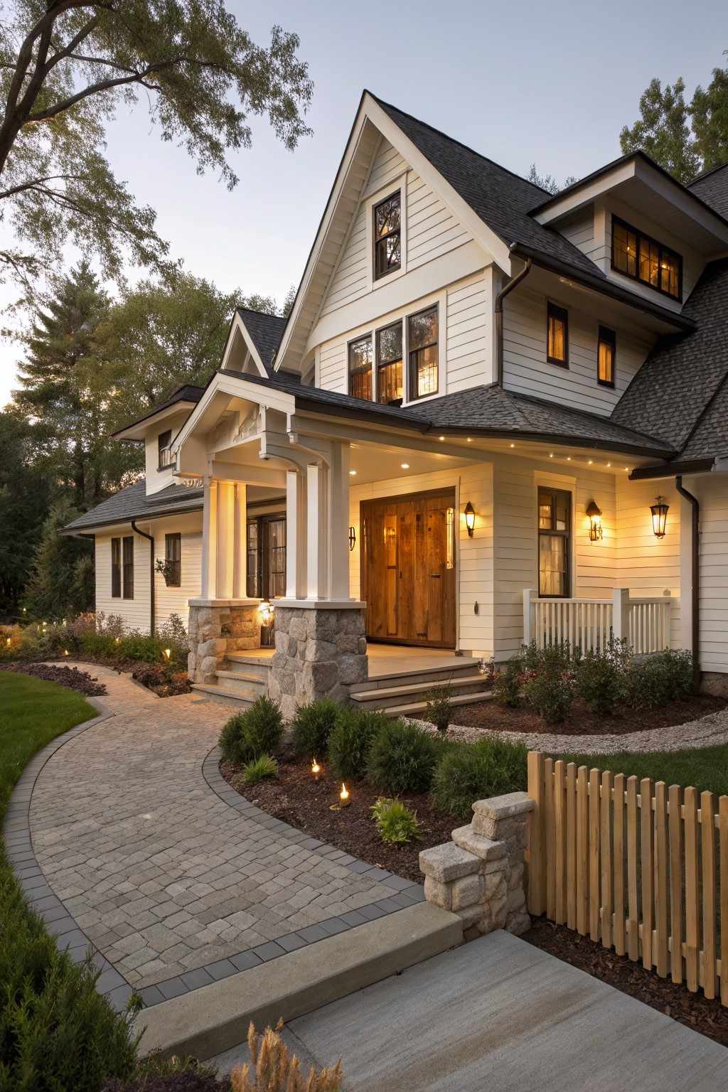 Two-story white clapboard house with dark shingled roof, covered front porch supported by columns, dark wood double door, stone steps, paver pathway, shrubs, and picket fence at dusk.