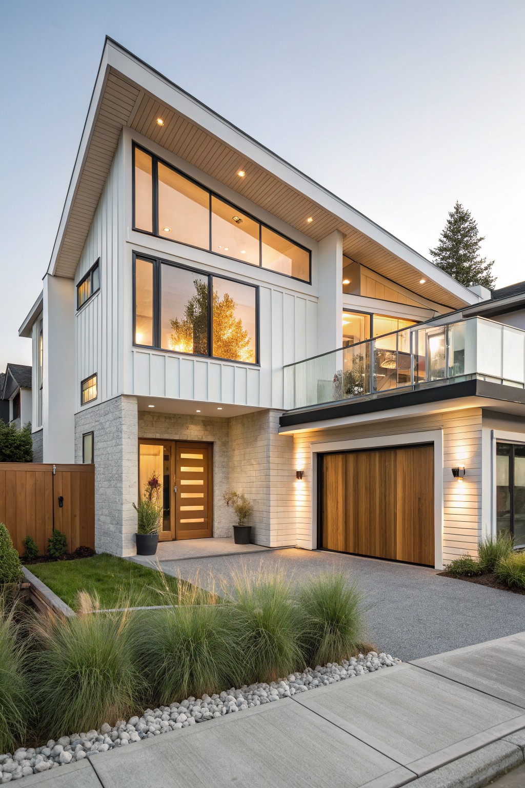 Modern two-story house exterior with white shiplap siding, prominent vertical wood garage door, glass-railed balcony, large windows, stone entry accents, and simple front landscaping at dusk.