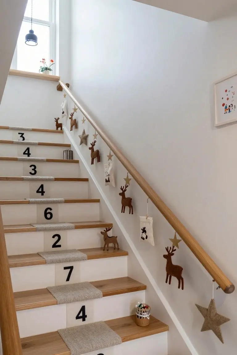 Wooden indoor staircase with numbered treads including 2, 3, 4, 6, and 7, gray linen carpet runners, hanging fabric reindeer and star ornaments on oak railing, small potted plant on windowsill, and basket of candy on landing.