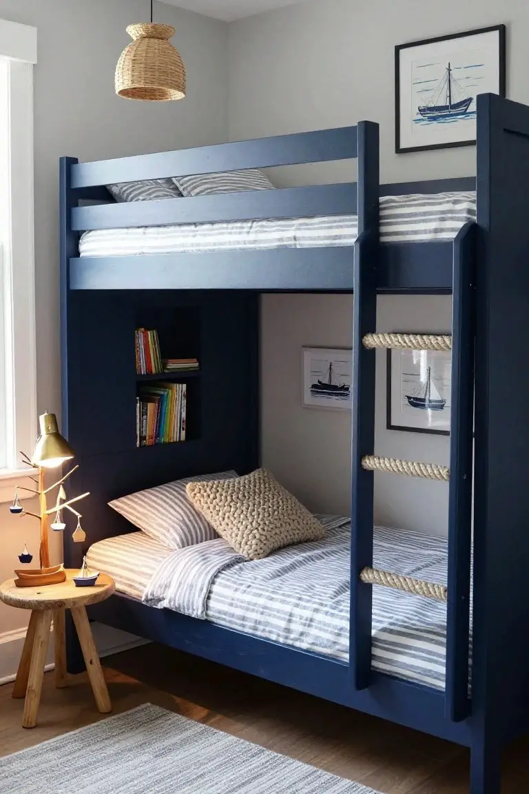 Navy wood bunk bed with knotted rope ladder, built-in headboard bookshelf, lower bed made up with striped sheets and knit pillows, nautical boat artwork on walls, and model boats on wood side table in light gray bedroom.