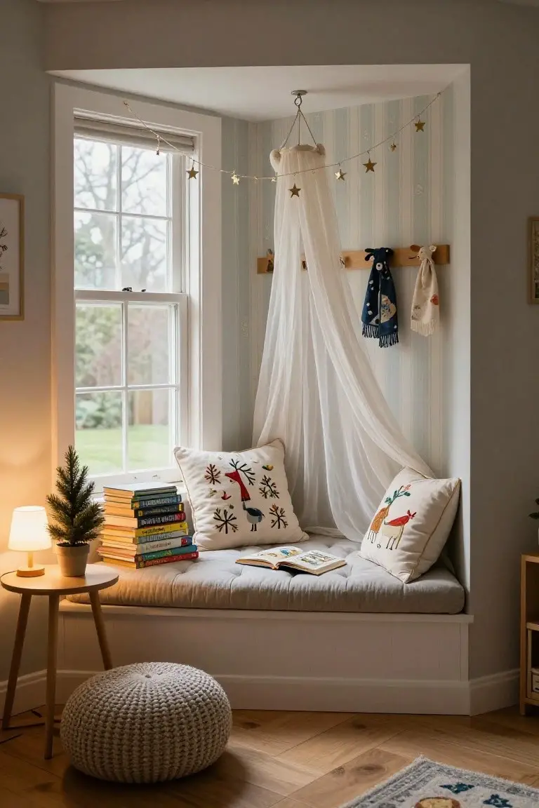 Bay window seat in a children's room with sheer white canopy, gold star string lights, embroidered pillows, stacked children's books, small potted Christmas tree on wooden side table, knit pouf stool, and hanging scarves on wooden pegs against striped wallpaper.