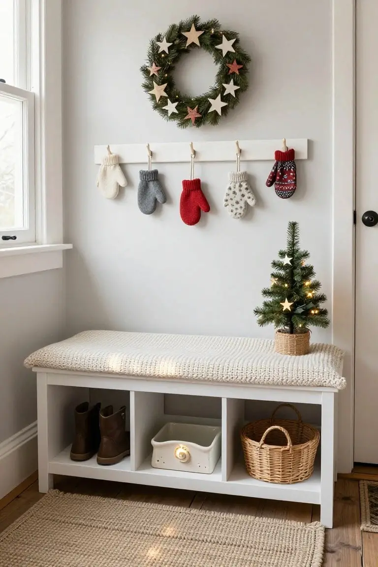 Gray entryway corner with white wooden bench topped by knit blanket, cubbies holding brown boots, white bowl, and wicker basket, hooks above with white, gray, red, and patterned mittens, small lit Christmas tree in basket, and lighted wreath on wall.