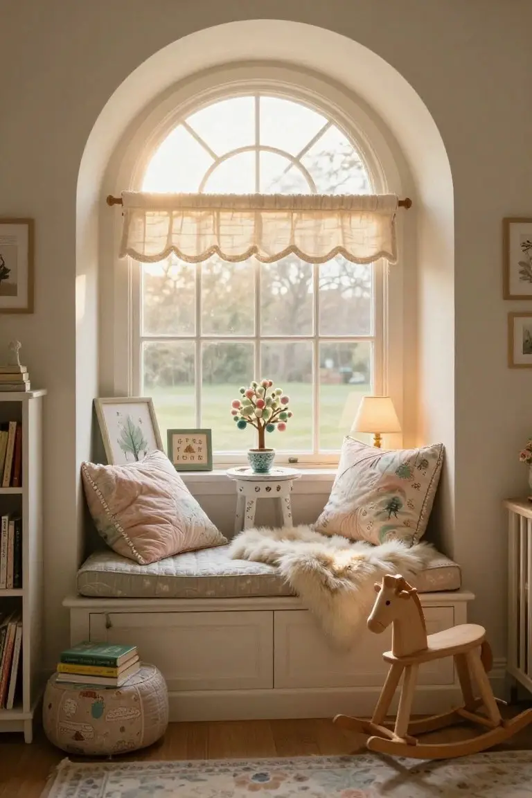 Arched window seat with beige cushioned bench, pink and multicolored pillows, white sheepskin throw, wooden rocking horse, bookshelves, lamp, and potted pom-pom tree in a light beige room with hardwood floor.