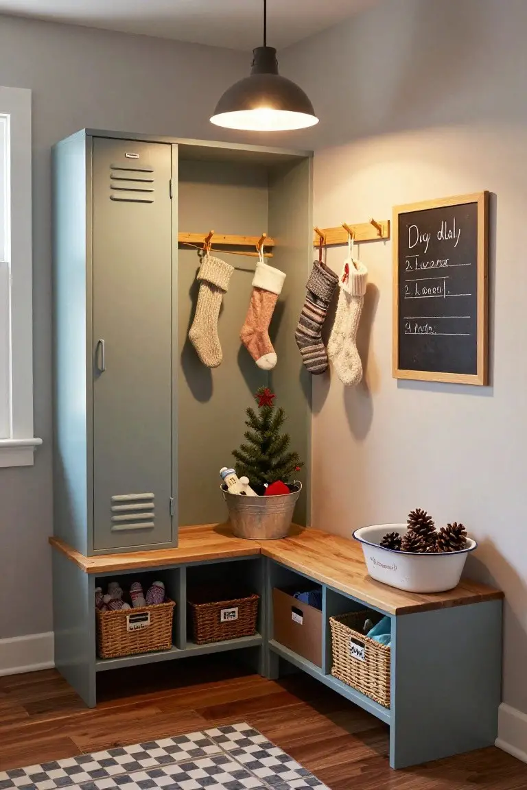Gray metal locker cabinet with open doors and wooden benchtop in a corner, colorful Christmas stockings hanging from wooden pegs, small potted Christmas tree in metal bucket, pinecones in white enamelware bowl, woven baskets with shoes and hats, and a chalkboard labeled 