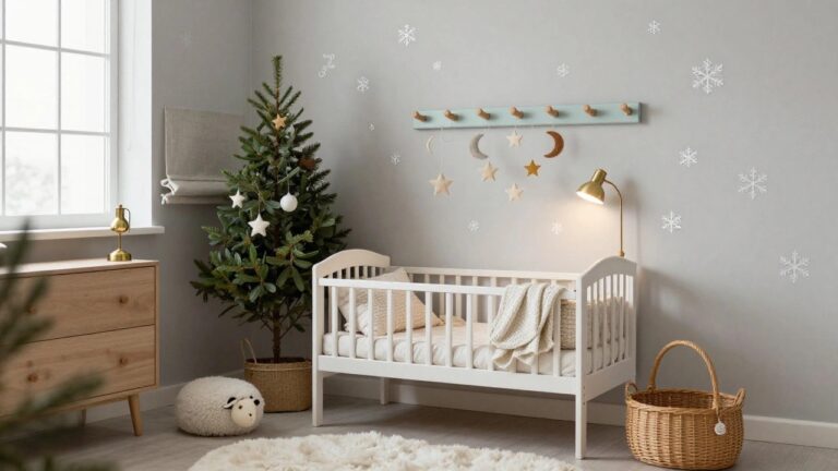 Light gray nursery with white crib, wooden dresser and lamp, small potted Christmas tree, hanging mobile of felt moons and stars from wooden bear hooks, snowflake decals on walls, wicker basket, and white shag rug on wood floor.