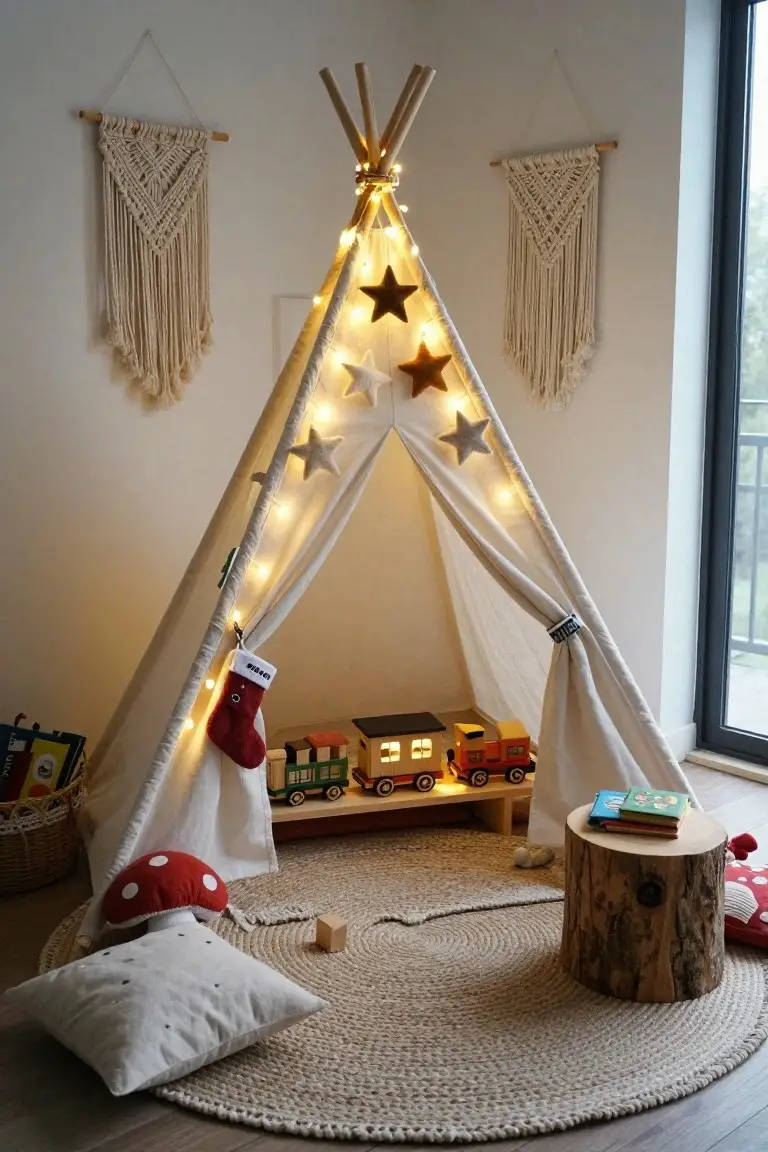 White teepee tent with fairy lights, star appliques, and a red Christmas stocking in a children's indoor play area featuring a toy train, books, mushroom cushions, tree stump stool, and round seagrass rug.