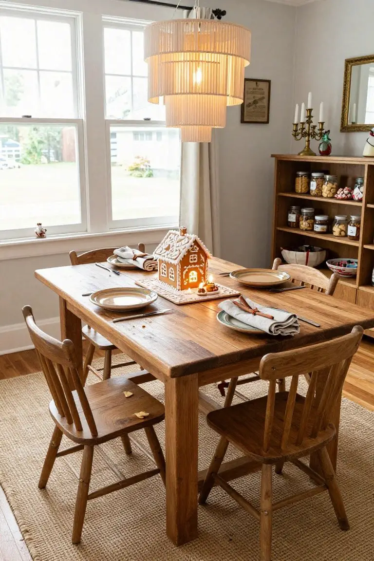 Wooden dining table in a light gray room with a lit gingerbread house centerpiece, plates, napkins, wooden chairs, and open shelves stocked with jars and holiday treats.