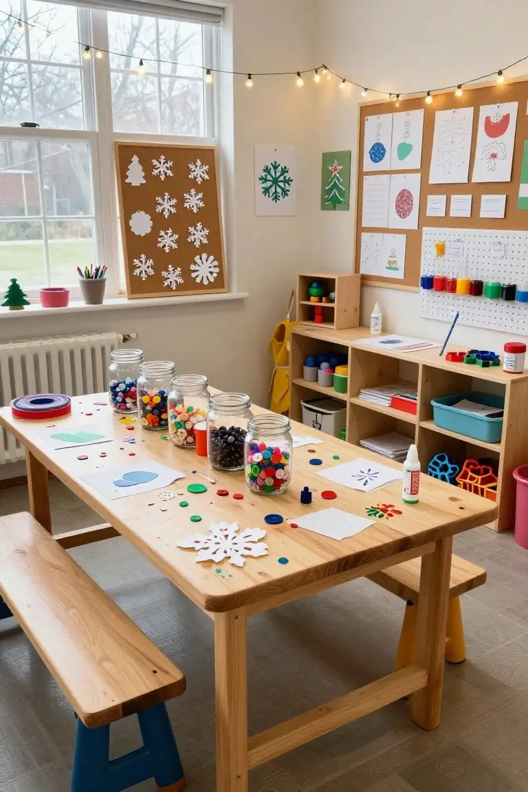Wooden table in a children's craft room covered with jars of beads, buttons, pom poms, and other supplies, plus paper snowflakes and shapes, with holiday decorations on walls and shelves nearby.