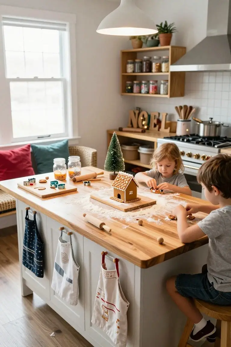 Two children decorate a gingerbread house on a flour-covered wooden kitchen island, with rolling pins, cookie cutters, aprons hanging from cabinets, small Christmas trees, and kitchen shelves in the background.