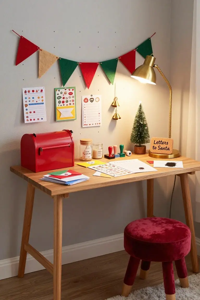 Wooden desk in a corner room with red mailbox, colorful bunting on wall, small Christmas tree, stamps, envelopes, papers, and red stool.
