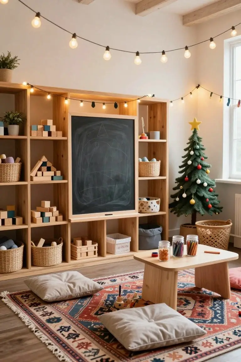 Light wood shelving unit in a children's playroom filled with wooden blocks, baskets, and toys, next to a small decorated Christmas tree, with string lights overhead, a low wooden table holding crayons and jars, floor cushions on a patterned rug, and potted plants nearby.
