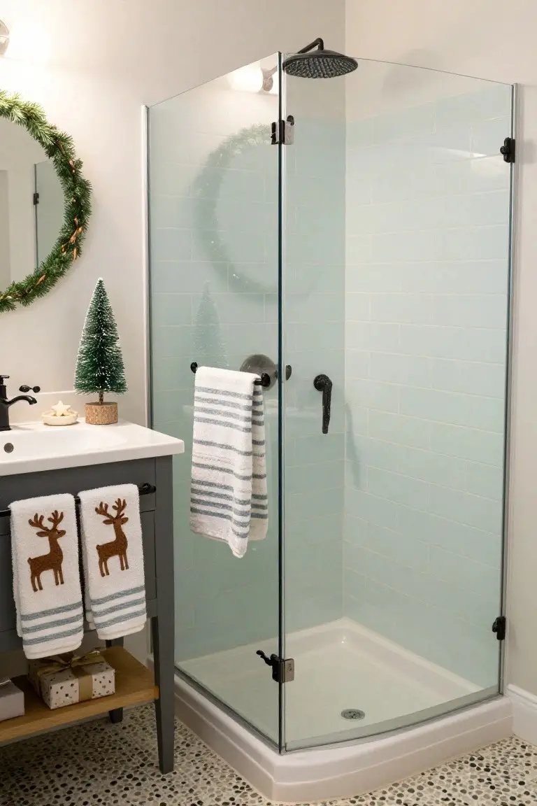 Corner glass shower enclosure in a bathroom with light blue subway tile walls, dark gray vanity holding two white towels embroidered with reindeer, striped towel on shower rail, small Christmas tree on vanity shelf, evergreen wreath on round mirror, over pebble tile floor.