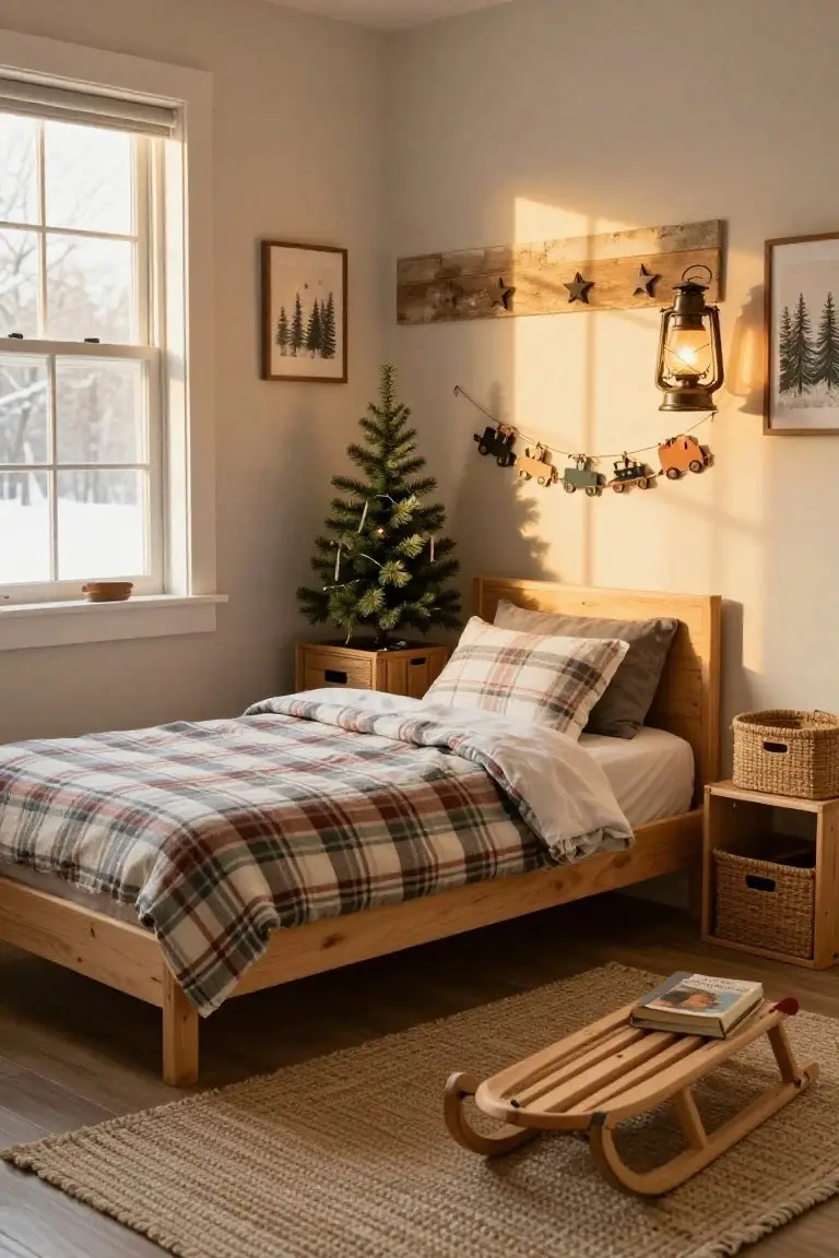 Child's bedroom corner featuring a small lit Christmas tree, wooden toy train garland strung on a rustic wood beam above a wooden bed with plaid bedding, lantern light, framed tree prints, and a wooden sled on the floor.