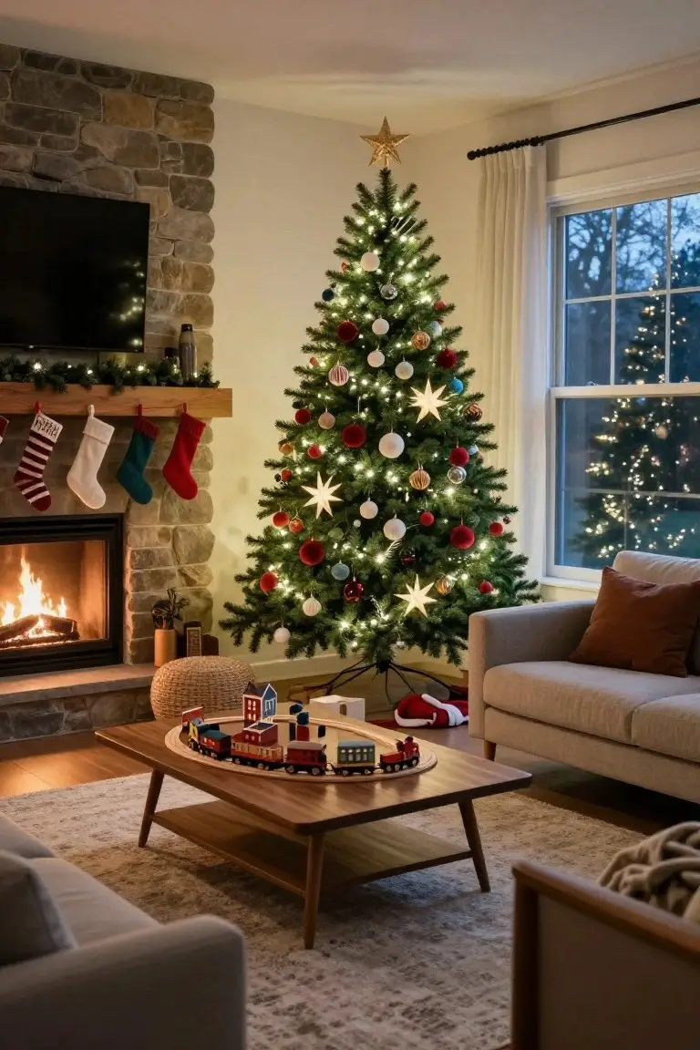 Cozy living room with stone fireplace, lit Christmas tree with colorful ornaments and gold star topper, colorful stockings hanging above the fire, wooden coffee table holding a toy train set circling its edge, and gray sofas on a patterned rug.