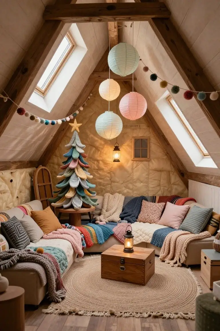 Attic room with exposed wooden beams and skylights, featuring a tall Christmas tree made of stacked colorful fabric layers on a wooden table, surrounded by seating cushions, blankets, lanterns, paper lanterns hanging from ceiling, and a round rug.