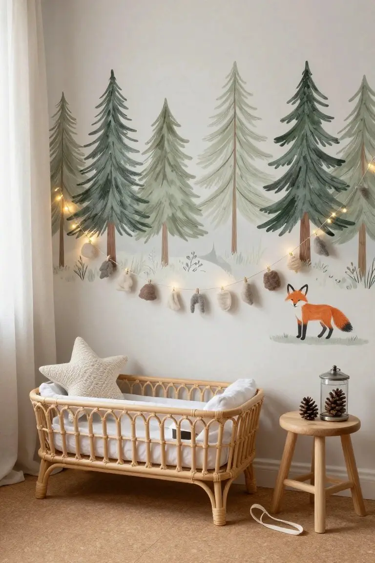 Nursery room with watercolor-style forest mural of trees and a fox on the wall, fairy lights and felt garland hanging, rattan crib with white bedding, small wooden stool with pinecones, and cork flooring.