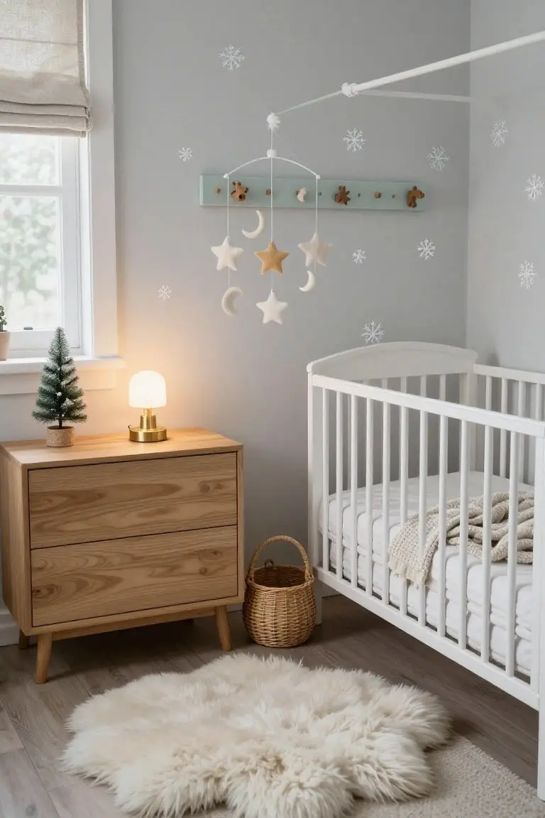 Light gray nursery with white crib, wooden dresser and lamp, small potted Christmas tree, hanging mobile of felt moons and stars from wooden bear hooks, snowflake decals on walls, wicker basket, and white shag rug on wood floor.