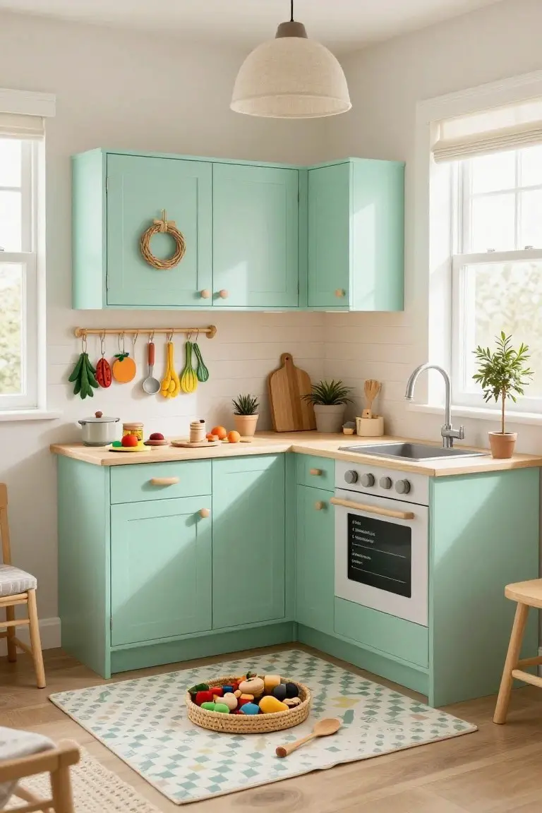 Mint green wooden toy kitchen in a corner with play food, utensils hanging on a rail, potted plants, stools, and a woven basket of colorful toy fruits on the floor.
