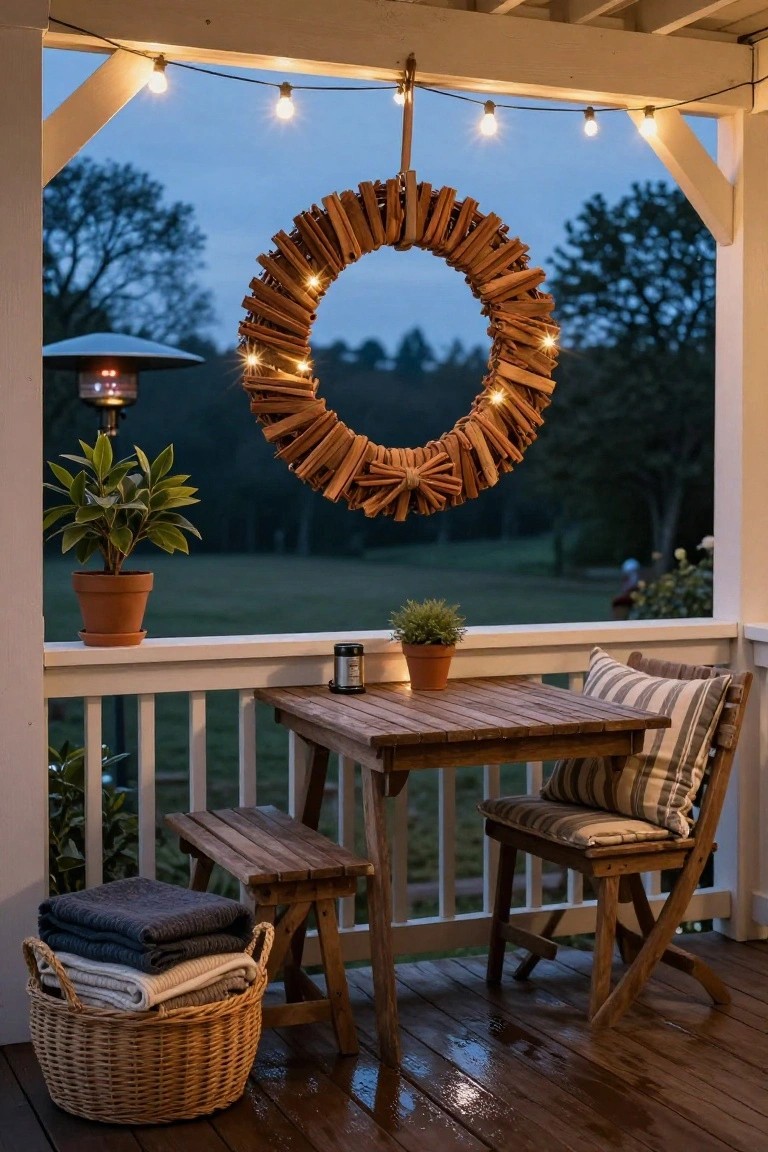 Wooden wreath constructed from cinnamon sticks with embedded warm lights hanging on a covered porch railing beside a wooden table, benches, chairs, potted plants, and string lights overhead on a damp wooden deck at dusk.