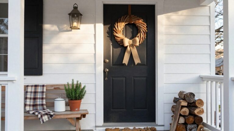 White shiplap house exterior featuring a black front door with brass knob, large wreath of wheat stalks and twigs with burlap bow hanging on the wall beside it, wall lantern, wooden bench on porch with plaid blanket, potted rosemary plant, firewood logs stacked nearby, and brown doormat on snowy stoop.