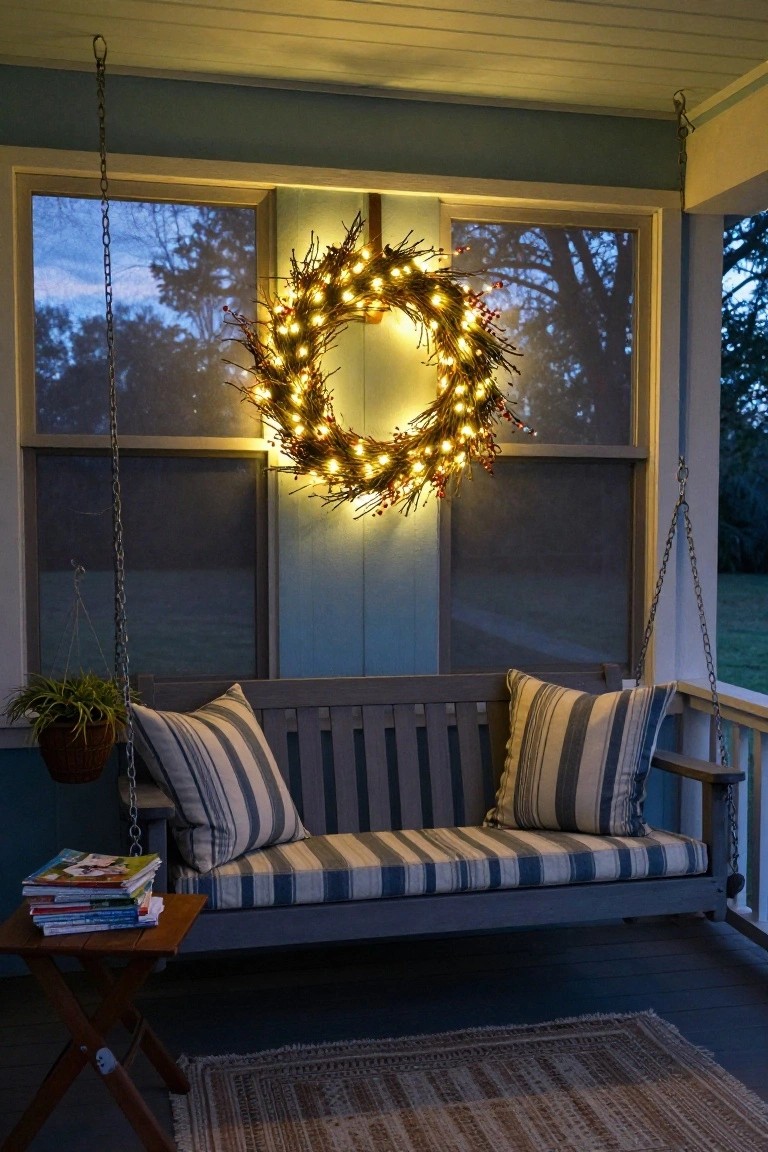 Screened porch at dusk featuring a large lit wreath of branches and berries on the window above a cushioned porch swing, with a hanging potted plant, wooden side table holding stacked books, chains suspending the swing, and a rectangular rug on the floor.