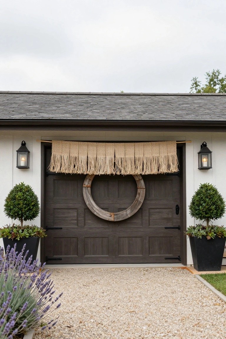 White clapboard garage building with dark wood double door centered with large circular rope wreath, tan fringe banner draped above door, black lanterns on wall, boxwood topiaries and lavender plants in black pots flanking door, gravel driveway leading to door.