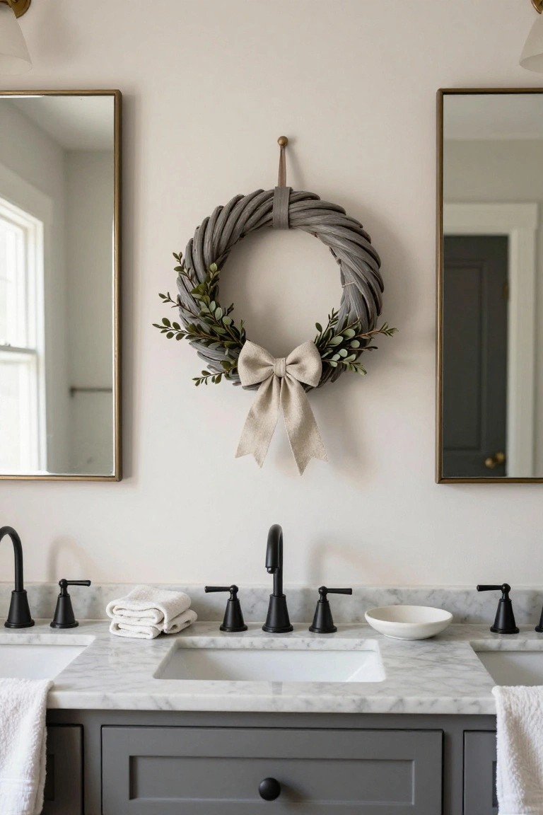 Gray rope wreath with green eucalyptus leaves and beige linen bow hanging on wall above white marble double vanity with black faucets, flanked by brass mirrors in a bathroom.