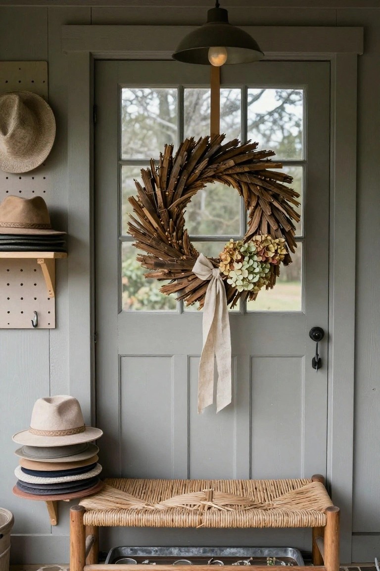 Sage green wooden door with glass panels on a porch, decorated with a large wreath of wooden twigs, dried hydrangeas, and a beige linen bow, next to pegboard walls holding stacked hats and a wicker bench with a metal tray.