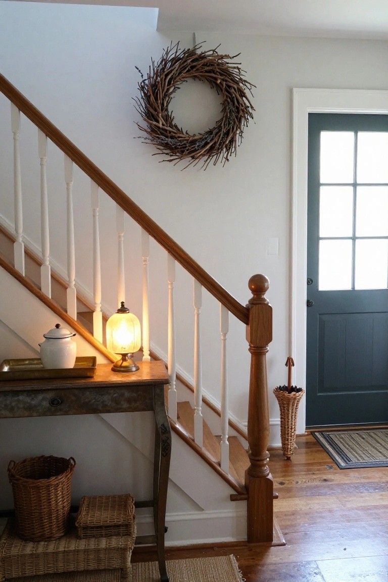 Farmhouse entryway interior with oak wood stairs, white walls, a metal tray table holding a lit lamp and white teapot, woven baskets, a twig wreath on the wall, and a dark blue front door.