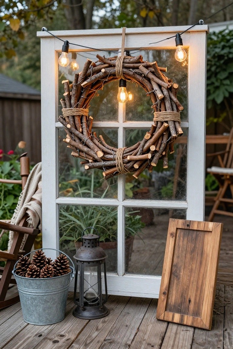 A rustic wreath of bundled twigs tied with twine hangs on a white multipaned wooden window frame standing on a porch deck, with string lights overhead, a galvanized bucket of pinecones, metal lantern, rocking chair with blanket, and potted plants nearby.