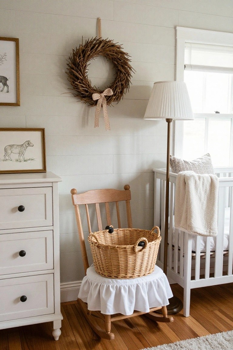 White shiplap-walled nursery corner with gold-framed animal art, wheat wreath with pink bow on wall, floor lamp, white dresser, wooden rocking chair holding wicker basket, and white crib with blanket.