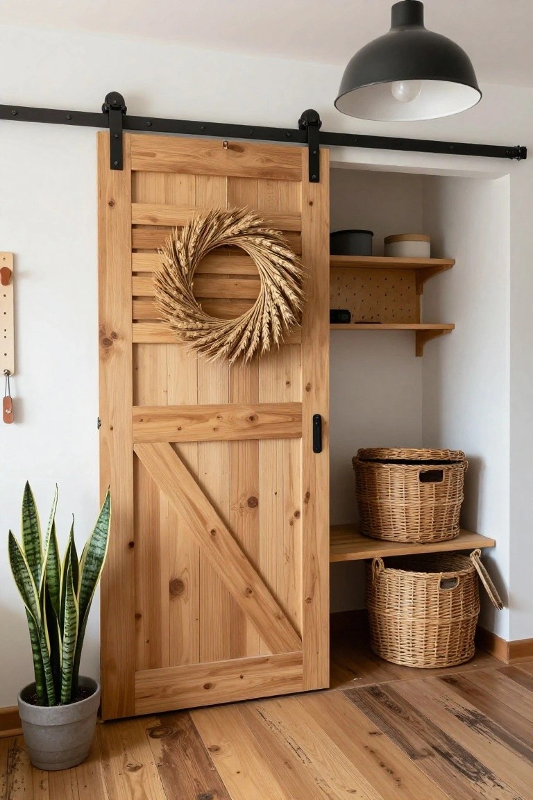 Wooden sliding barn door with a wheat wreath centered on it, beside built-in shelves holding baskets and pottery, a snake plant in a gray pot, and hardwood floors in a white-walled interior.