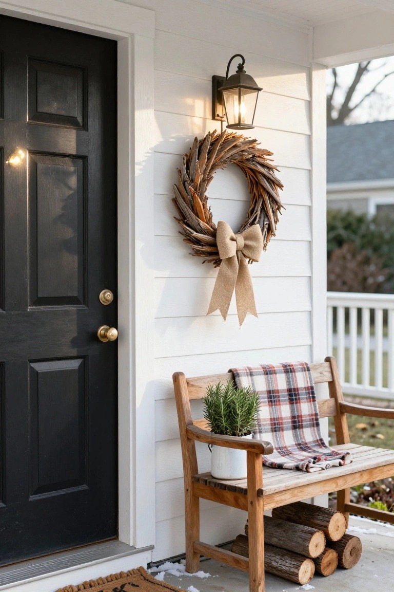 White shiplap house exterior featuring a black front door with brass knob, large wreath of wheat stalks and twigs with burlap bow hanging on the wall beside it, wall lantern, wooden bench on porch with plaid blanket, potted rosemary plant, firewood logs stacked nearby, and brown doormat on snowy stoop.