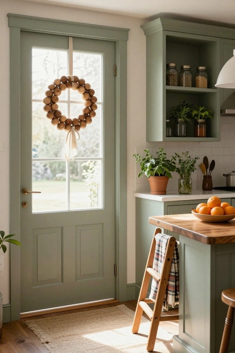 Sage green painted kitchen with wooden bead wreath hanging inside on glass-paned door, wooden island holding oranges, plants on counters and ladder shelf nearby.