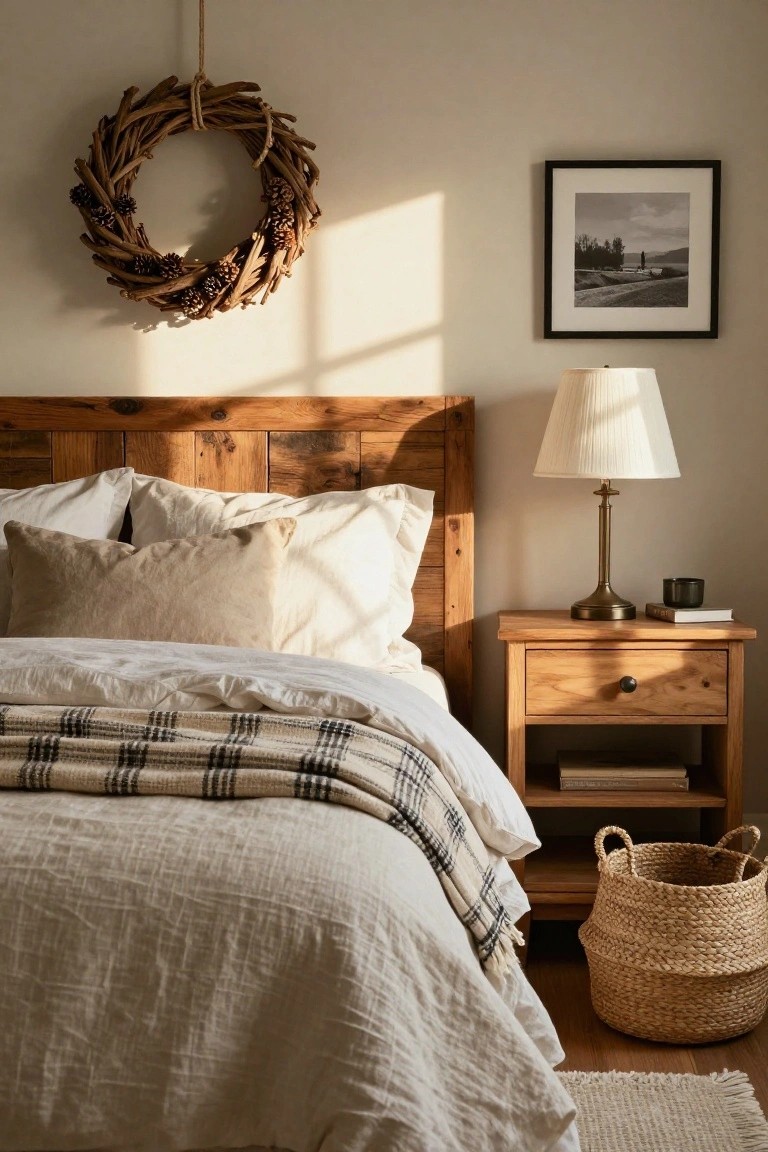 Wooden Wreath Above the Bed