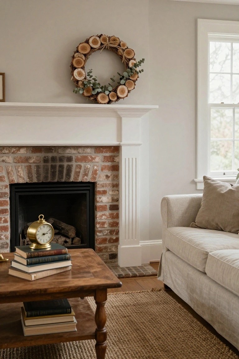 Living room with beige walls, brick fireplace, wooden slice wreath with eucalyptus hanging above the mantel, gold clock on the hearth, stacks of books on wooden coffee table, and beige sofa with pillows.