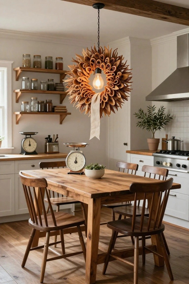 Farmhouse kitchen with large wooden wreath pendant light over wooden dining table and chairs, white cabinets, wooden open shelves stocked with jars, vintage scales, potted plants, and stainless steel range.