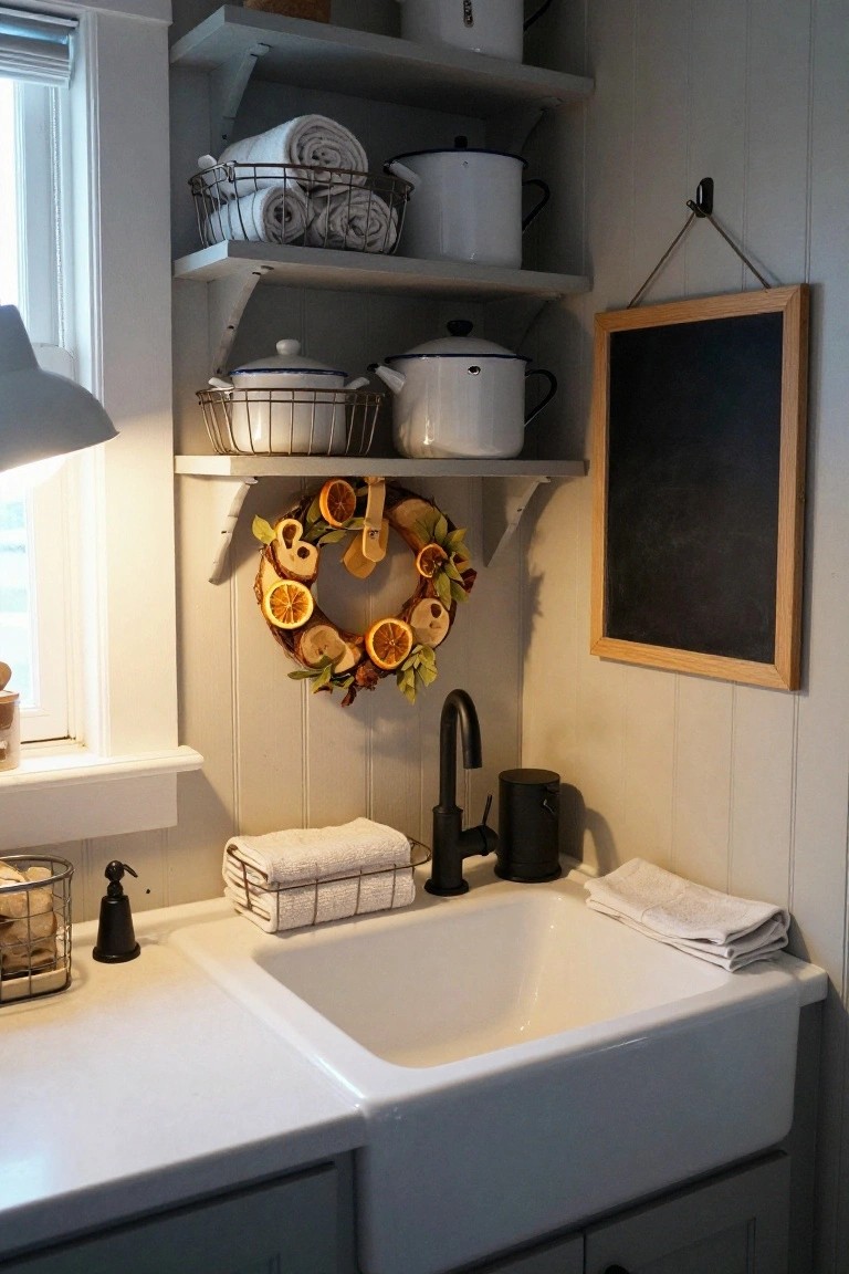 Farmhouse kitchen sink area with white apron sink, black matte faucet, soap dispenser, folded towels, wire baskets, enamelware on gray shelves, and wooden wreath featuring dried orange slices and wood accents hanging on paneled wall next to oak-framed chalkboard.