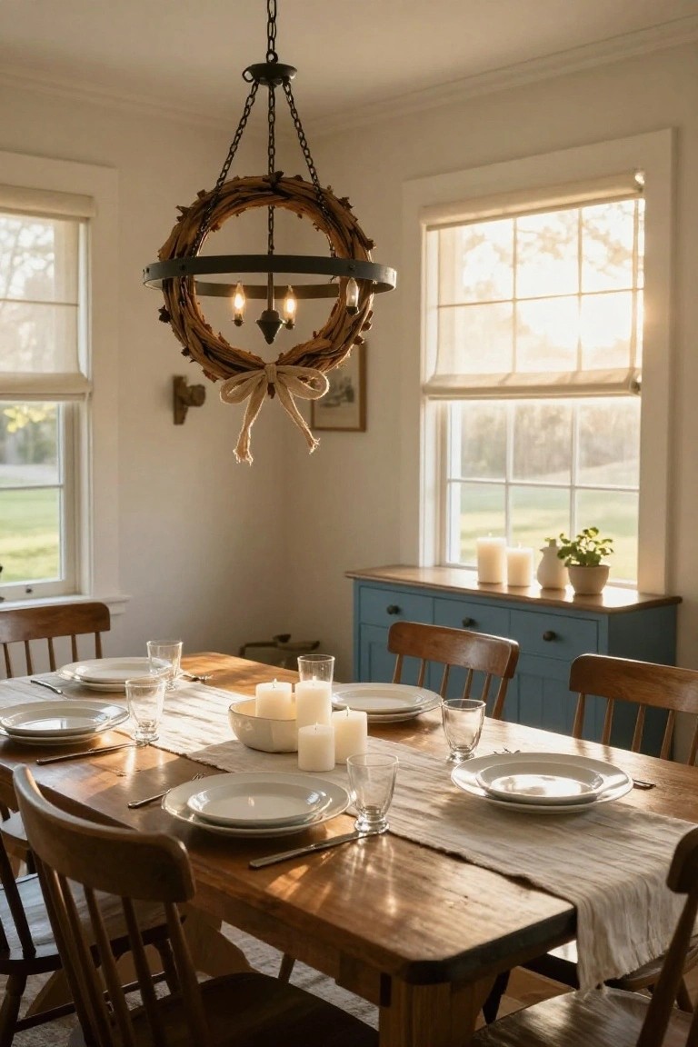 Farmhouse dining room with wooden grapevine wreath on black metal chandelier lit by candles above a rectangular wood table set with white plates, glasses, candles, and linen runner, beside blue sideboard and large windows.
