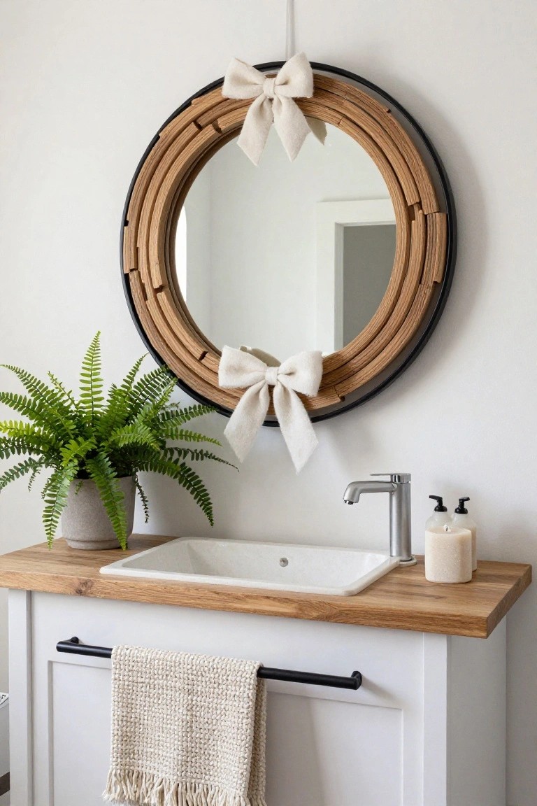 Round mirror with wooden slat wreath frame and white bows above a white bathroom vanity with oak top, white sink, metal faucet, fern plant, soap bottles, candle, and hanging towel.