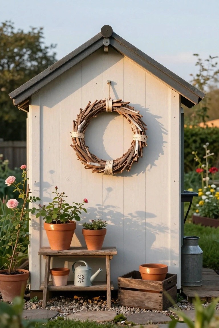 Small white wooden garden shed with dark sloped roof and large wreath of twisted twigs hanging on the front door, wooden bench with terracotta pots and watering can in front, potted plants and garden bed nearby.