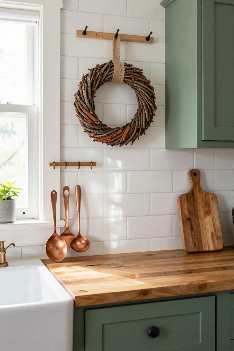 Farmhouse kitchen with green cabinets, white subway tile backsplash, wooden wreath hanging on a wood rail, copper utensils on hooks, wood cutting board, wood countertop, and white farmhouse sink.