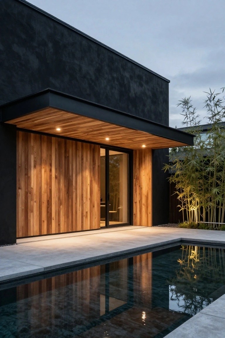 Modern house exterior with black stucco walls, vertical warm-toned wooden cladding around a large glass sliding door, overhanging wooden roof with recessed lights, adjacent infinity-edge pool, and bamboo plants beside a stone patio at dusk.