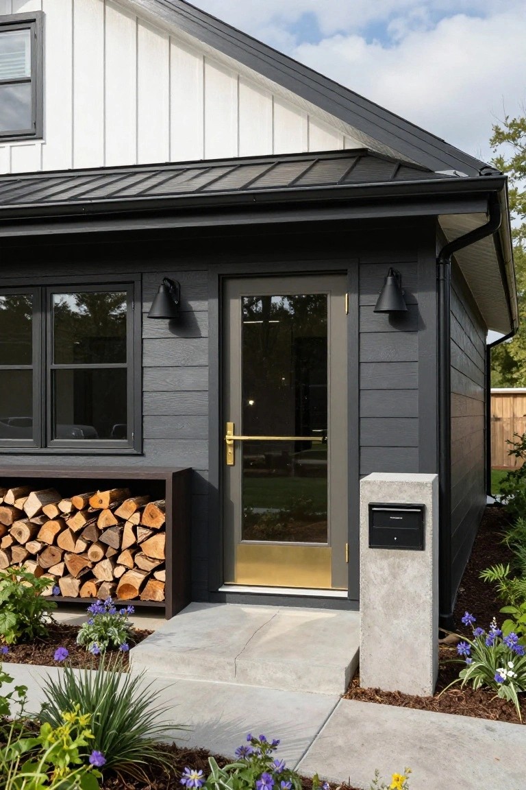 House exterior corner with white upper siding, dark gray lower siding, black-framed triple window and glass entry door with gold handle, wood storage rack, concrete mailbox post, and low plants along concrete path.