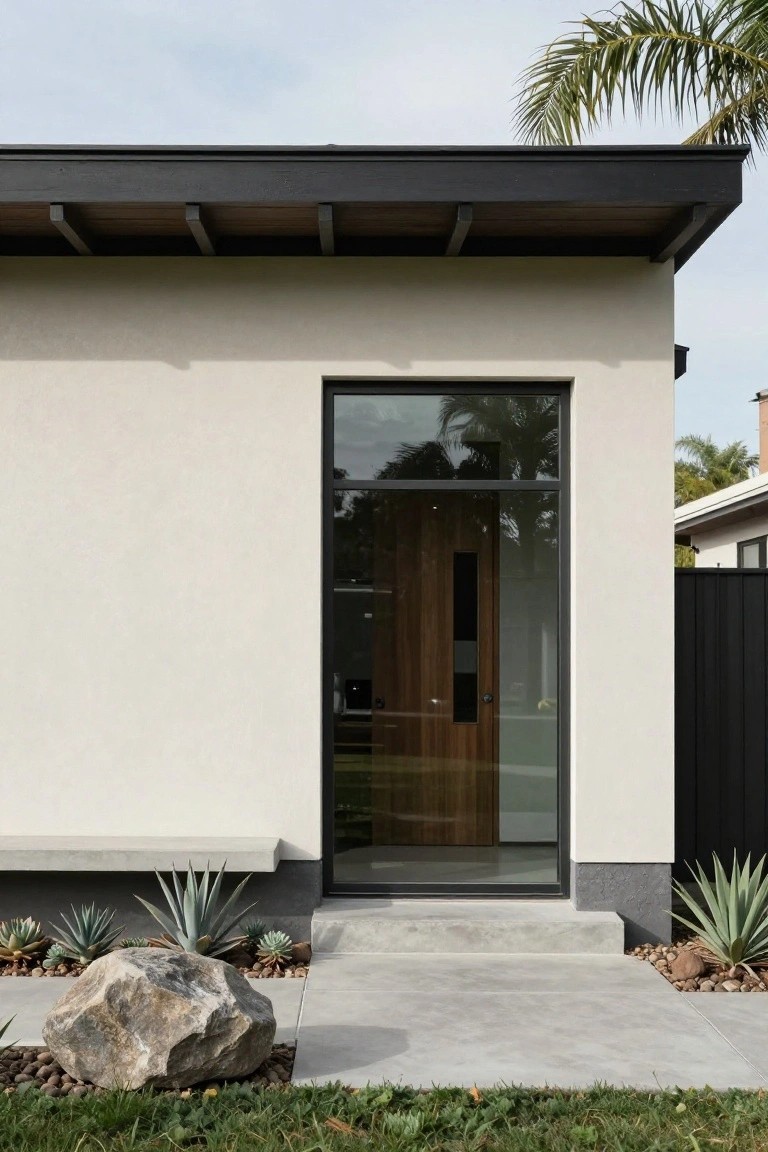 Modern house exterior showing light beige stucco walls, black-framed floor-to-ceiling glass window next to a wooden entry door, dark concrete base and steps, with agave plants, boulders, and gravel in the foreground.
