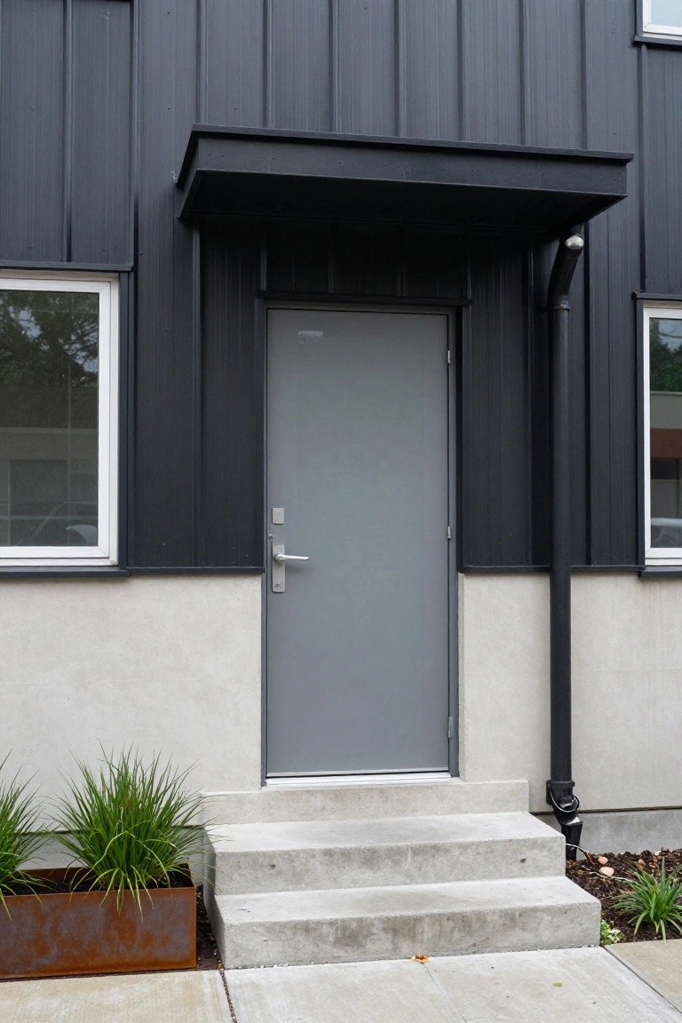 House exterior with dark gray corrugated metal siding on upper walls, light gray stucco base, centered gray metal door with handle, three concrete steps, rust-toned metal planter of grasses to the left, black downspout to the right, and small plants nearby.
