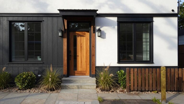 Front view of a two-story modern house with white board-and-batten siding on the upper level, dark gray stucco on the lower level and base, black window frames, wooden front door, low plants along the entry steps, and a brass mailbox on a concrete sidewalk.