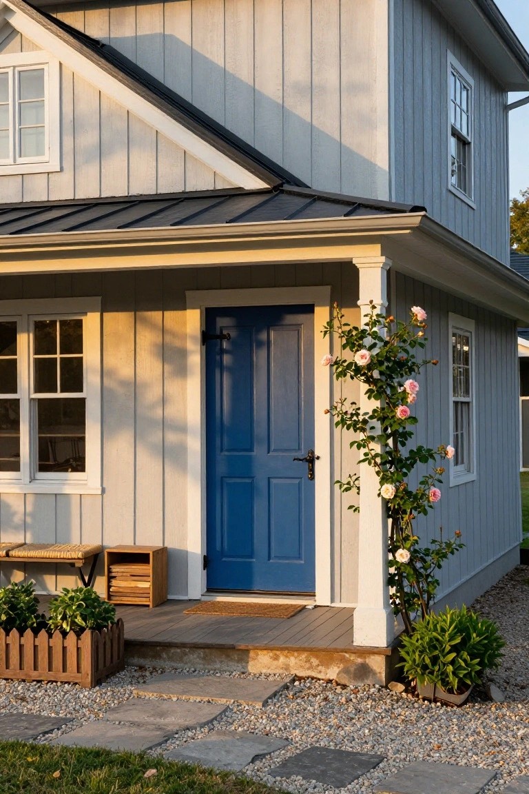 Gray vertical board-and-batten siding house corner with deep blue paneled front door, small covered porch, climbing pink roses on porch column, wooden bench, potted plants, and gravel path with stone steps.