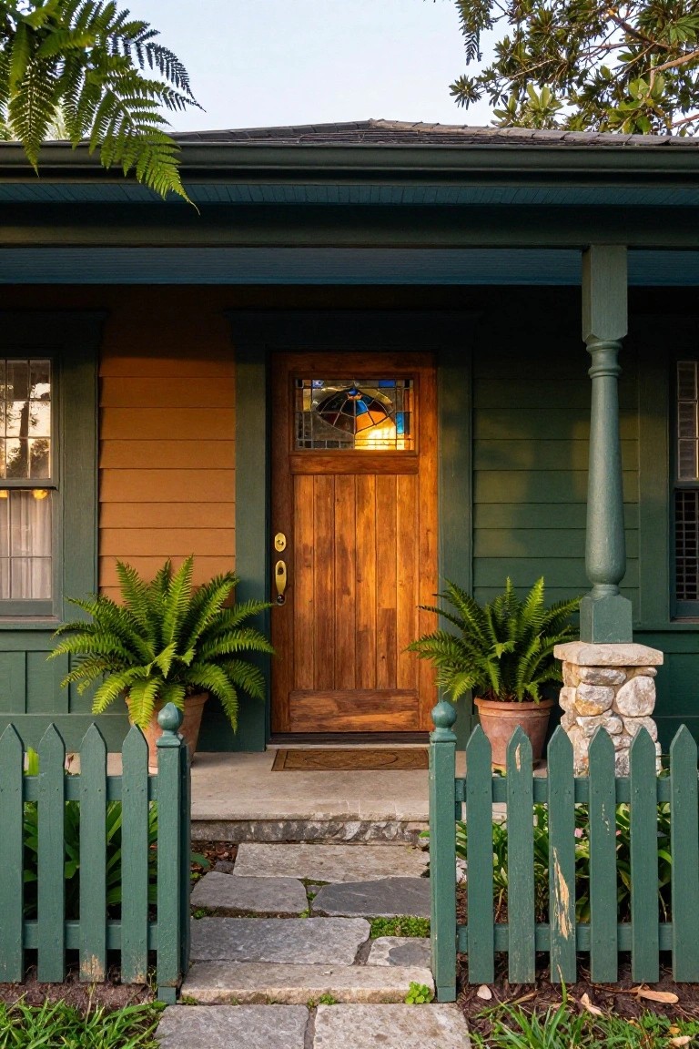 Front exterior of a house with dark green siding, orange vertical siding panel beside the wooden front door featuring stained glass, potted ferns flanking the steps, green picket fence, and stone path.