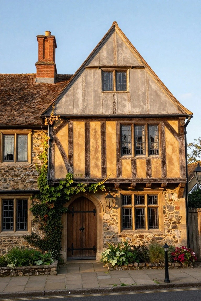 A two-story English-style half-timbered house with dark wooden beams on light plaster upper walls, stone base, ivy climbing the corner, arched wooden entry door, leaded windows, and potted plants along the front path.